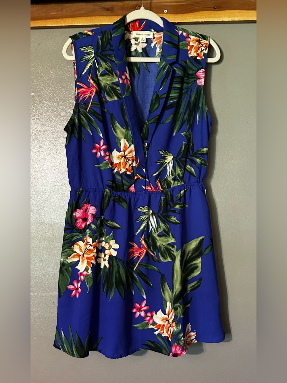 Coverstitched Blue Tropical Floral Sleeveless Fit & Flare Dress Large